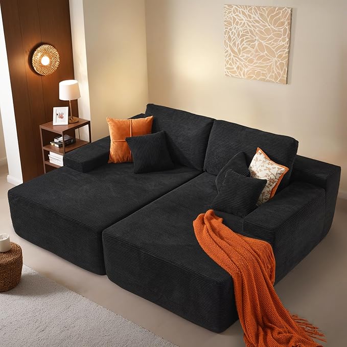 ovios 81" Oversized Sectional Double Lounge Chaise with Cloud Plush Sofa Bed, No Assembly Required, Fluffy Modern Sleeper Loveseat Chair for Indoor Living Room Bedroom Reading, Black (Corduroy Fabric)