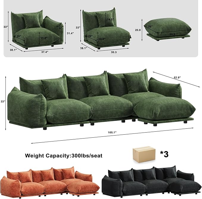 Modern Minimalist Chenille Modular Sectional Sofa, Deep-Seat 3-Seater L-Shaped Couch with Movable Ottoman and Thick Cushions, Upholstered Sofa for Living Room, Bedroom, Office, Apartment(Green L Sofa)