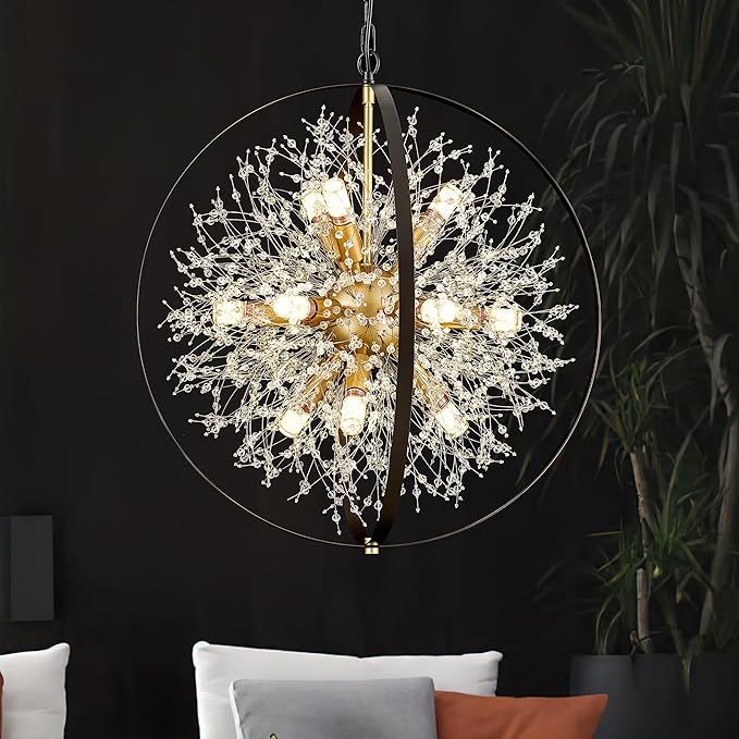 Modern Crystal Chandeliers Firework, 23.2'' Black Gold 12-Light Globe Dandelion Sputnik Chandelier, Hanging Pendant Lighting Fixture for Dining Room, Bedroom, Kitchen, Entryway, Foyer