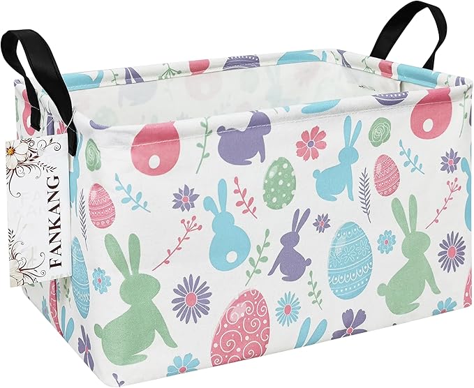 FANKANG Storage Bins, Nursery Hamper Canvas Laundry Basket Foldable with Waterproof PE Coating Large Storage Baskets for Kids Boys and Girls, Office, Bedroom, Clothes,Toys(Rec-Easter egg)