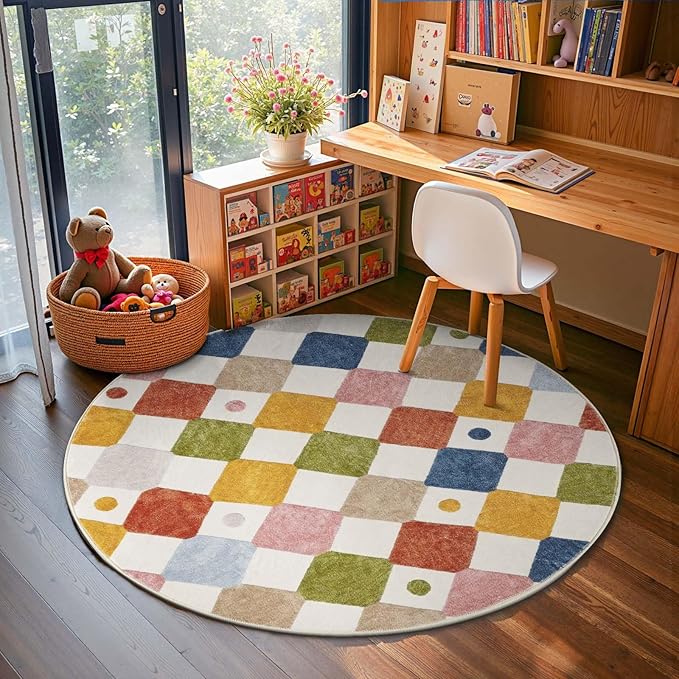 jinchan Round Rug 4ft Kids Washable Rug Indoor Floor Cover Non-Slip Soft Modern Elementary School Classroom Colorful Diamond Carpet for Nursery Daycare Bedroom Playroom Living Room Circus on Cream