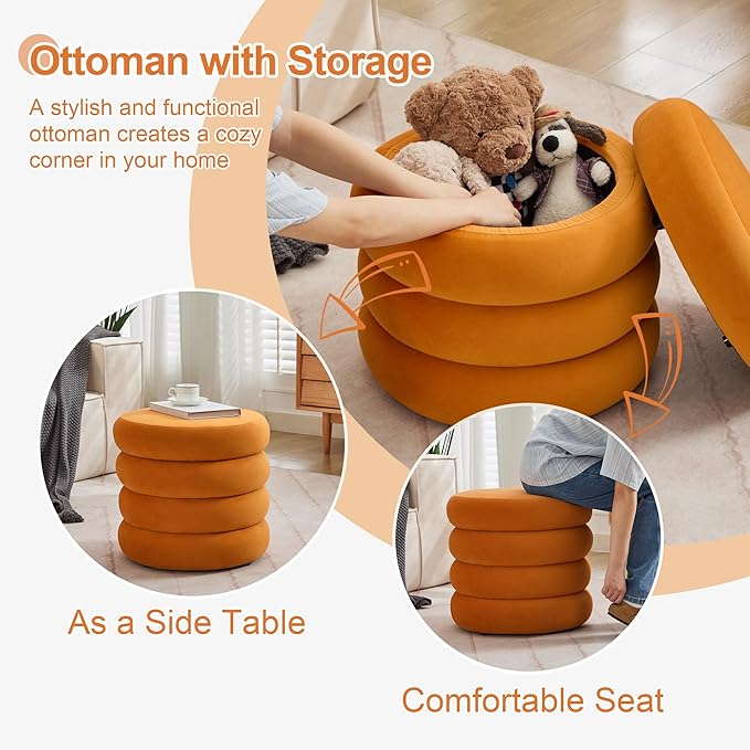 ONEVOG Round Storage Ottoman, 20" Small Ottomans Table with Removable Lid, Velvet Fabric Soft Footrest Stools for Couch, Upholstered Stuffed Circle Seat for Living Room/Bedroom/Dorm/Vanity, Orange