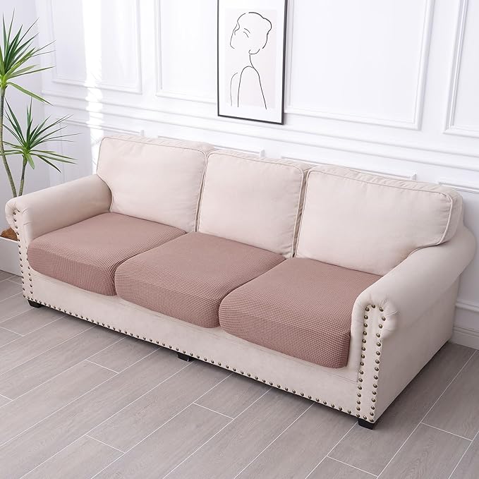 hyha Waterproof Couch Cushion Covers for Pets, Non Slip Sofa Seat Cover for Dogs Washable, Soft Thick Stretch Jacquard Fabric, Sofa Slipcovers with Elastic Bottom (3 Pieces, Camel)