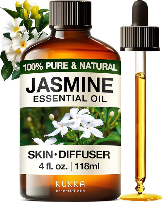 Kukka Jasmine Essential Oil for Diffuser - 4 Fl Oz - 100% Pure Natural Jasmine Oil for Skin, Hair & Soap Making Scents - A Great Relaxing Floral Addition for Hair Care & Perfume