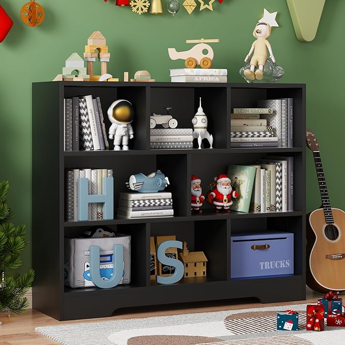 Book Shelf Set of 2, 8 Cubes Storage Organizer, 3-Tier Open Shelf Wooden Bookcase, Freestanding Balck Bookshelf Cube Shelf for Bedroom, Living Room, Home Office