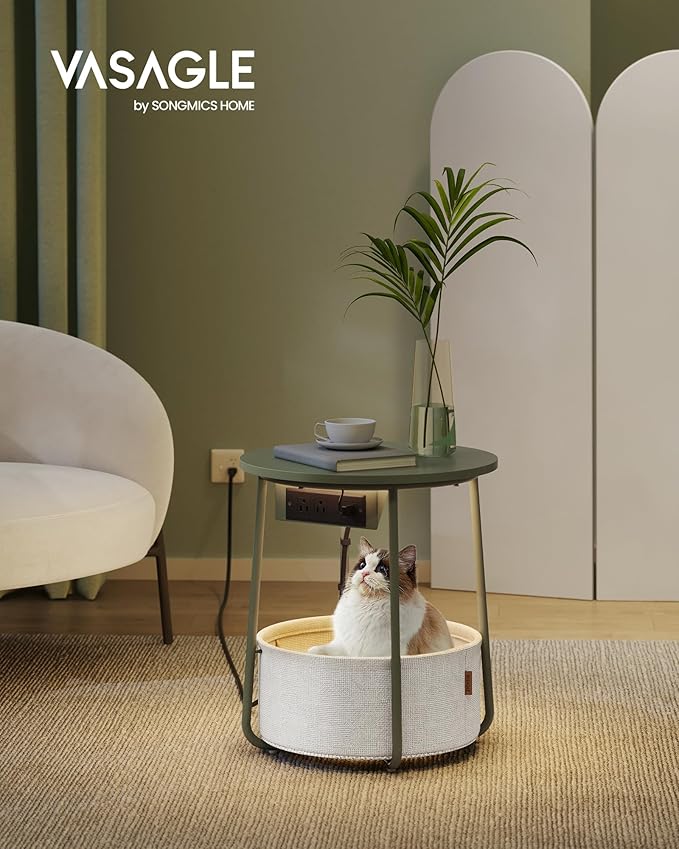 VASAGLE Side Table with Charging Station, Round End Table with Fabric Basket, LED Nightstand with Power Outlets, USB Ports, for Living Room, Bedroom, Modern, Forest Green and Cream White ULET227C01