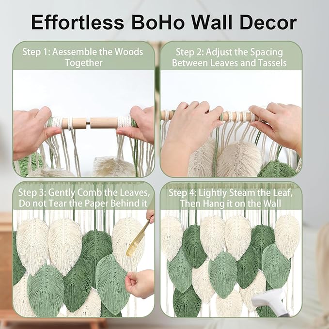 Macrame Wall Hanging Boho Wall Tapestry Handmade Woven Leaf Wall Decor Crochet Wall Art for Home Office Apartment (Green, 51.2" W x 34.3" L)