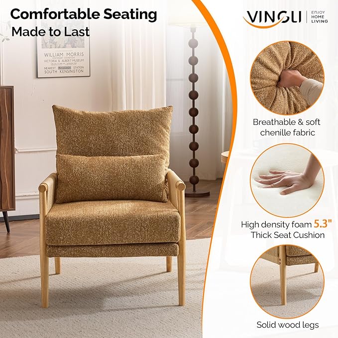 VINGLI Boho Braid Accent Armchairs Set of 2,Mid-Century Modern Chiars with Solid Wooden Armrest,Comfy Louge Cushion Chairs with Waist Pillow for Bedroom,Living Room,Reading Room, Khaki