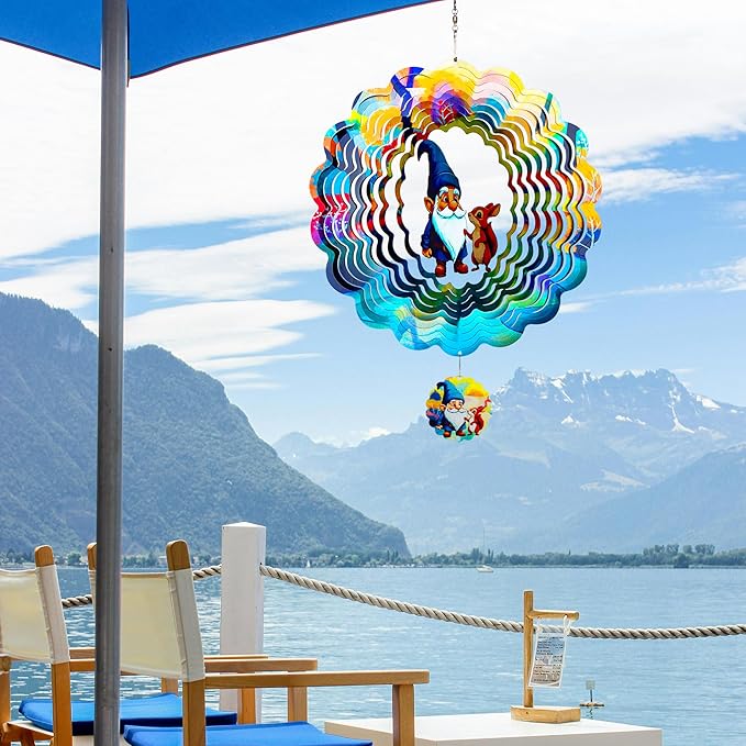 Gnomes Hanging Wind Spinners,12 Inch 3D Garden Spinner Kinetic Art Garden Decorations,Stainless Steel Reflective Wind Spinners for Yard