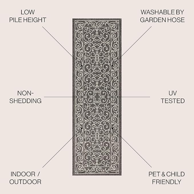 JONATHAN Y Vintage Filigree Indoor Outdoor Runner Rug 2X8 Black/Gray, Charleston Textured Weave for Backyard, Patio, Porch, Easy-Cleaning, High Traffic, Pet-Friendly, Non-Shedding (SMB106G-28)
