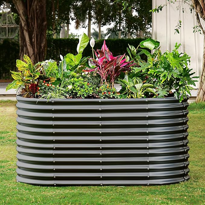 Land Guard 8x4x3ft Oval Galvanized Raised Garden Beds, Large-Capacity Metal Planter Box Outdoor, Durable Deep Raised Garden Bed 3ft Tall, Raised Beds for Gardening Vegetables, Dark Grey