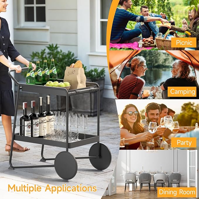 Outdoor Grill Cart Table with Extra-Large Wheel, 24" x 16" Removable Tray & Ergonomic Handle, Indoor and Outdoor Pizza Oven Table for Garden Patio BBQ Kitchen Food Prep Cart for Party