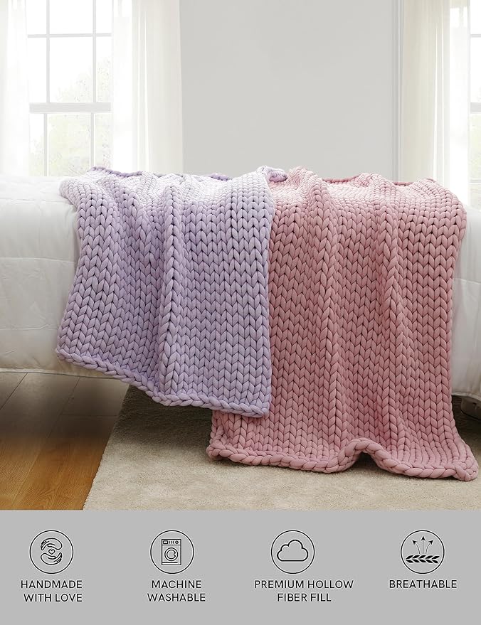 YnM Chunky Throw Blanket, Medium-Weight, Hand Knitted, Skin Friendly, Ventilated and Breathable, Machine Washable, Home Décor Piece for Couch, Sofa and Bed (Iris Lavender, 40x50 Inch)