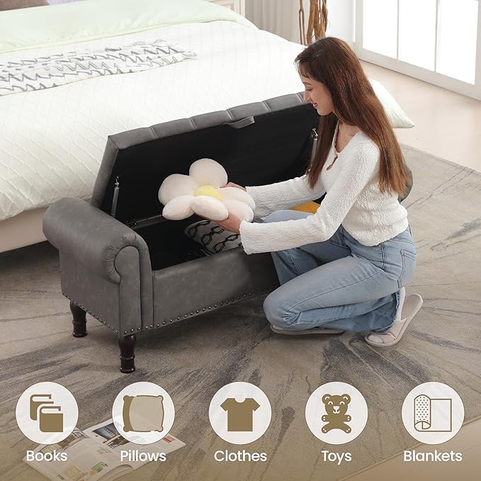 Storage Bench for Bedroom, 51" Full Queen Storage Bench, Upholstered Bedroom Bench with Rolled Arms and Vintage Rivets for Living Room, Storage Room, Entryway, Gray