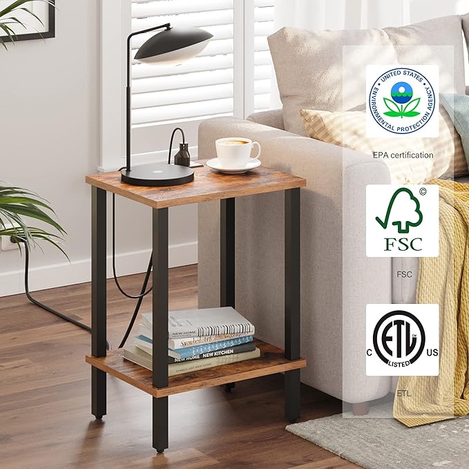 TUTOTAK End Table with Charging Station, Side Table with USB Ports and Outlets, Nightstand, 2-Tier Storage Shelf, Sofa Table for Small Space TB01BB040