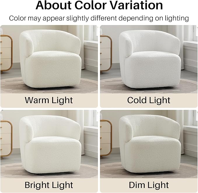 Swivel Accent Chair, Sherpa Teddy Barrel Chair for Living Room, Cozy Round Boucle Arm Chair, Metal Base for Club Nursery Bedroom, White