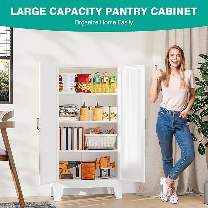 SISESOL Metal Storage Cabinet with 2 Doors and 3 Shelves,White Pantry Storage Cabinet with Legs,Farmhouse Pantry Cabinets Cupboard,Bathroom Cabinets for Home,Kitchen,Dining/Living Room (47.3" H)