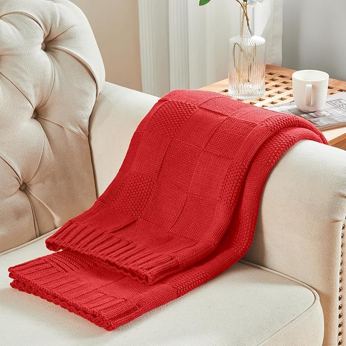 CozeCube Knit Throw Blanket,Christmas Red Checkered Bedroom Blanket for Couch,Soft Cozy Warm Knitted Blanket for Bed Sofa Living Room,Decorative Spring Fall Throw Blanket 60"X80",Christmas Red