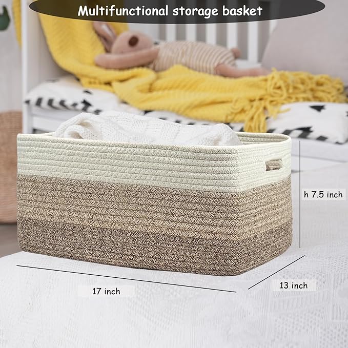 COMFY-HOMI Cotton Rope Woven Basket with Handles for Shelves,Toys,Book, Cloth Storage Baskets for Organizing-17" x 13" x 7.5" Toy Decorative Organizer for Living Room, Bathroom (white/3 brown)
