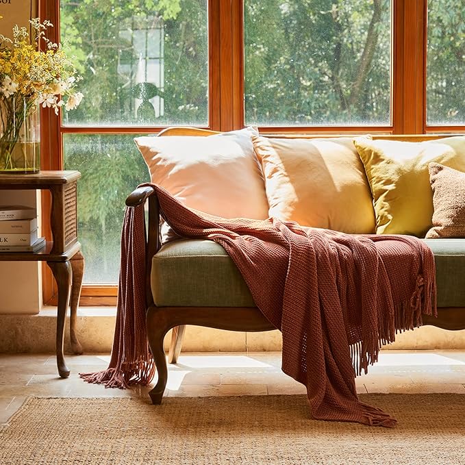 lifein Throw Blanket for Couch, Soft Boho Decor Bed Throw,Cozy Burnt Orange Chenille Knitted Small Farmhouse Lightweight Throw for Spring(Rust,60 * 80")