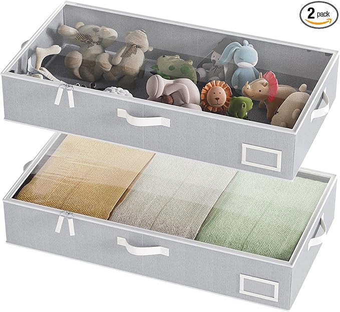 Under Bed Storage Containers, 2-Pack Underbed Storage Box, Collapsible Clothes Storage Bins with Handles and Lid, Large Under Bed Organizers for Shoe, Blanket, Toy, Pillow, Sheet, Gray