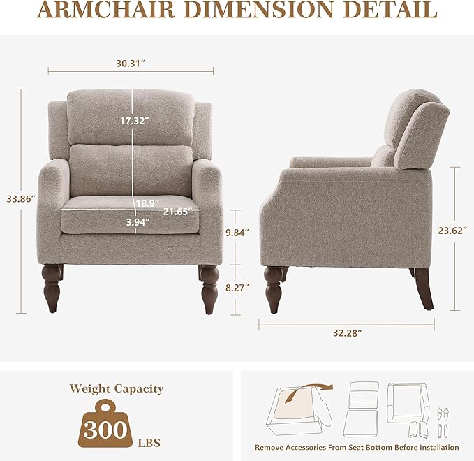 Kidol & Shellder Oatmeal Oversized Accent Chair for Living Room Set of 2 Modern Reading Chair with Back Wide Upholstered Comfy Single Sofa Chair Bedroom Lounge Side Corner Boucle Fabric Armchair