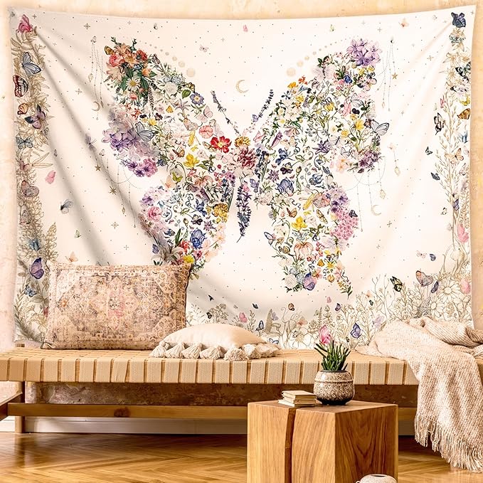 Damanse Butterfly Tapestry Wall Hanging Cute,Boho Wall Tapestry for Bedroom Aesthetic,Flower Living Room Decor for Teen Girls (White, 49.20" x 59.10")