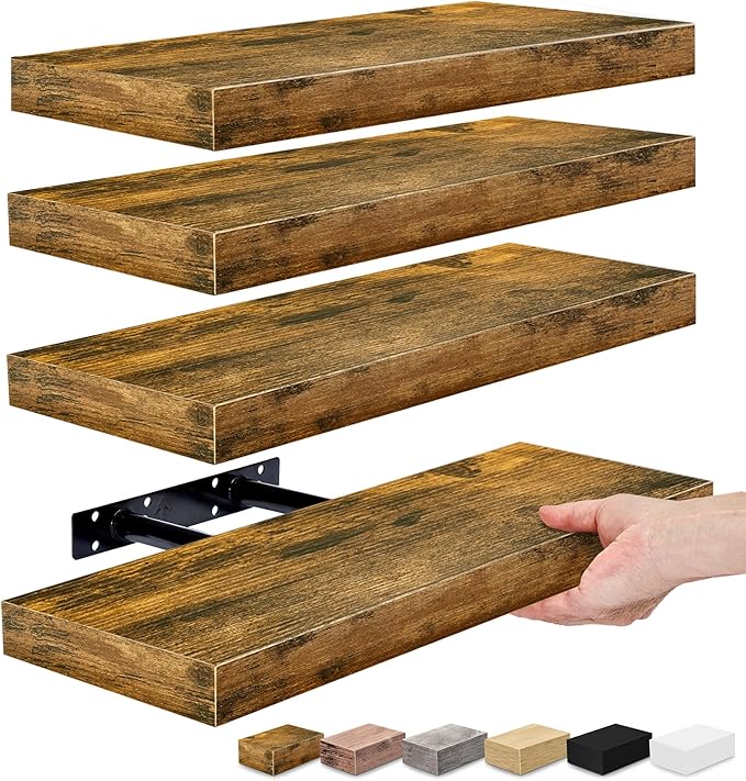 Sorbus Floating Shelves for Wall, Bathroom Shelves Wall Mounted for Kitchen, Bedroom, Living Room, Bathroom Storage, Over Toilet, Hanging Book Shelf for Wall Home Decor (Rustic Brown, 4 Pack)