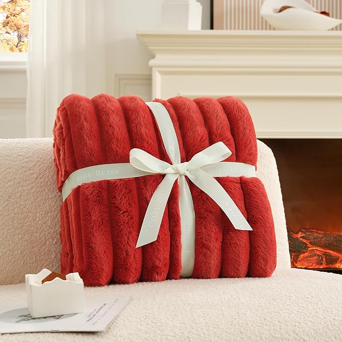 Cozy Bliss Faux Fur Throw Blanket for Couch, Cozy Warm Plush Striped Blanket for Sofa Bedroom Living Room,50 * 60 Inches Cardinal Red
