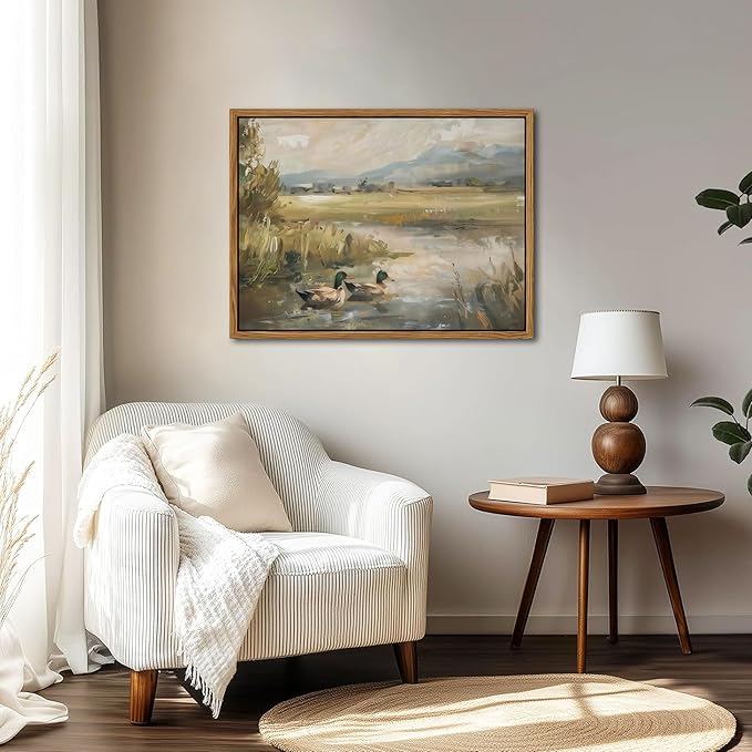 Floating Framed Canvas Wall Art, Vintage Mallard Duck Oil Paintings Print, Countryside Art Wildlife Nature Pond Wall Decor for Living Room, Bedroom, Office, Rustic Decor 12x16 inch