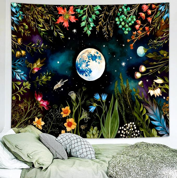 Delur Moonlit Garden Tapestry Boho Moon Floral Plant Tapestry Wall Hanging Colorful Flower Botanical Nature Night Landscape Headboard for Bedroom Living Room Home Decor (70.8" x 92.5")