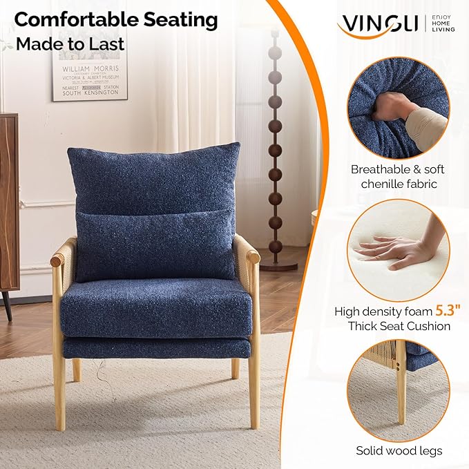 VINGLI Boho Braid Accent Armchairs Set of 2,Mid-Century Modern Chiars with Solid Wooden Armrest,Comfy Louge Cushion Chairs with Waist Pillow for Bedroom,Living Room,Reading Room, Blue