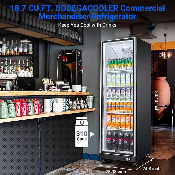 BODEGACOOLER Commercial Beverage Refrigerator Glass Door,18.1 Cu.Ft Commercial Display Merchandiser Fridge,Upright Display Bar Cooler with Soft LED Light,Adjustable Shelves,Aluminum Door,Black