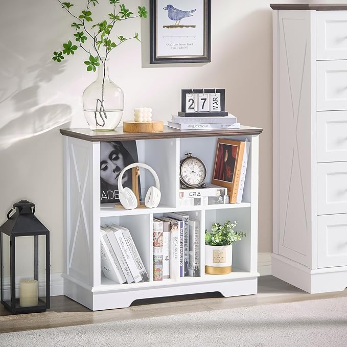 Farmhouse 5 Cube Bookshelf, White Storage Organizer Bookcase, Kids Toy Storage Cabinet, Small Bookshelves Storage Organizer Shelf, Wood Display Cabinet Book Shelves for Bedroom,Living Room,Office