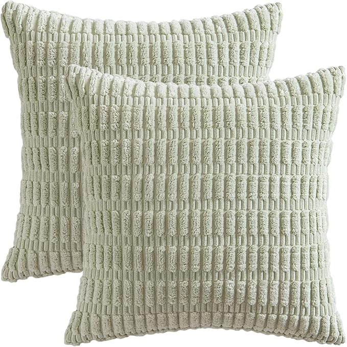 MIULEE Pack of 2 Corduroy Decorative Throw Pillow Covers 16x16 Inch Soft Boho Striped Pillow Covers Modern Farmhouse Home Decor for Summer Sofa Living Room Couch Bed Light Green
