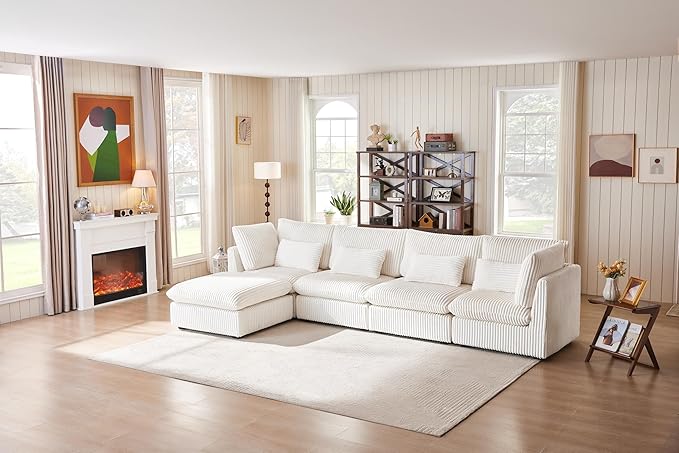 Oversized Modular Sofa, Extra Deep Cloud Corduroy Sectional Couch with Ottoman Chaise, Fluffy Corduroy 5 Seater Sofa Bed for Living Room, Villa (L Shape 5 Seater, Corduroy White)