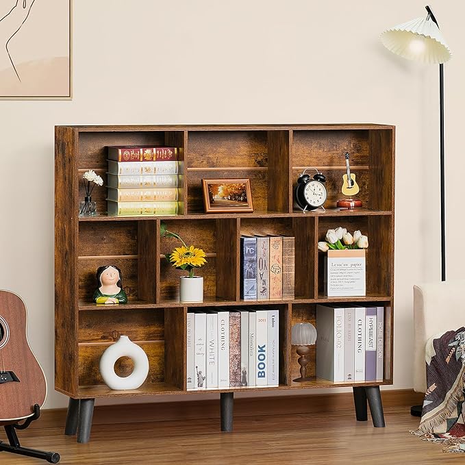 LEYAOYAO 10 Cube Bookshelf,3 Tier Modern Wide Bookcase with Legs,Mid-Century Wood Bookshelves Storage,Brown Large Book Case,Freestanding Organizer Display Shelf for Bedroom,Living Room,Office