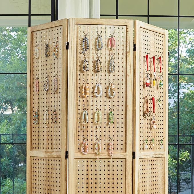 Room Divider Freestanding Folding Pegboard Privacy Screen | 6-Panel Display Stand for Jewelry, Craft Shows, Retail | Natural Wood, Portable & Space-Saving Design