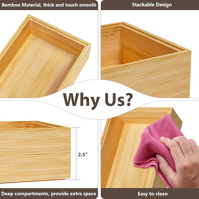 Kitchen Drawer Organizer Tray, Stackable Bamboo Deep Drawer Organizer for Large Silverware, Utensils, Cutlery, Flatware,Junk Drawer, Dresser, Bathroom, 17" x 6" x 2.5" (Set of 2)