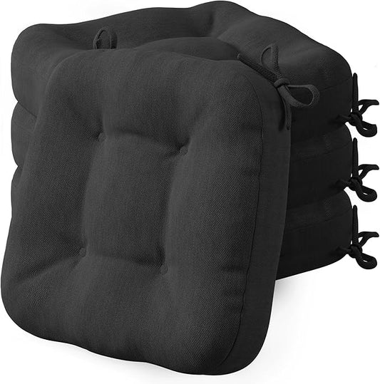 Codi Dining Chair Cushions 4 Pack, Thick Chairs Pads for Indoor Kitchen Room - Washable, Non-Slip Memory Foam Seat Cushion with Ties, 16.5"x16.5"x 3.5", Set of 4, Black