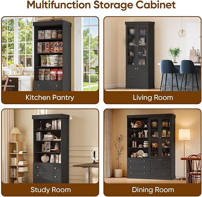 Vyre 71" Tall Farmhouse Bookshelves with Glass Doors, Large Modular Bookcase with Adjustable Shelves, Storage Cabinet for Living Room, Kitchen, Home Office, Black