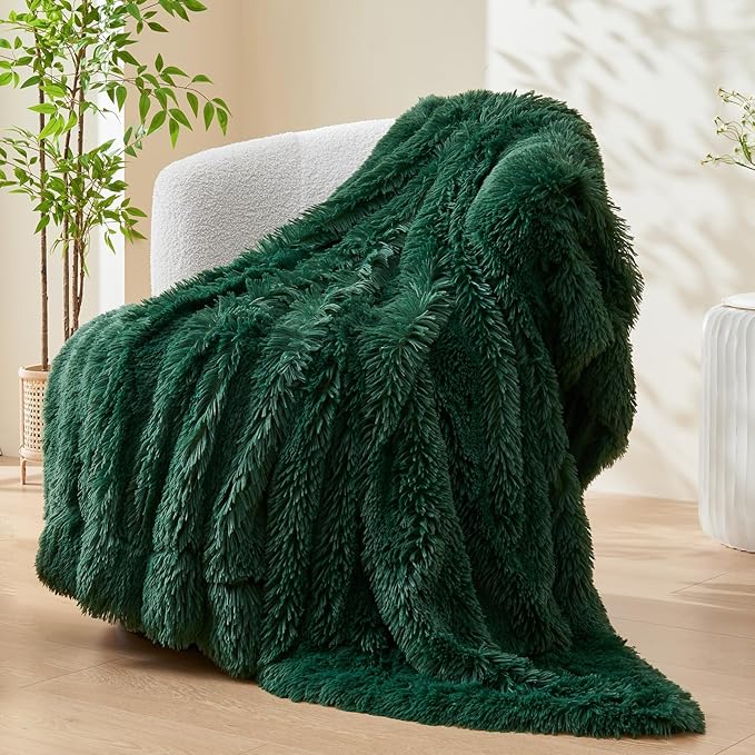 GONAAP Fuzzy Faux Fur Throw Blanket Twin Size Dark Green Super Soft Cozy Plush Fuzzy Shaggy Blanket for Couch Sofa Bed (Dark Green, Twin(60"x80"))