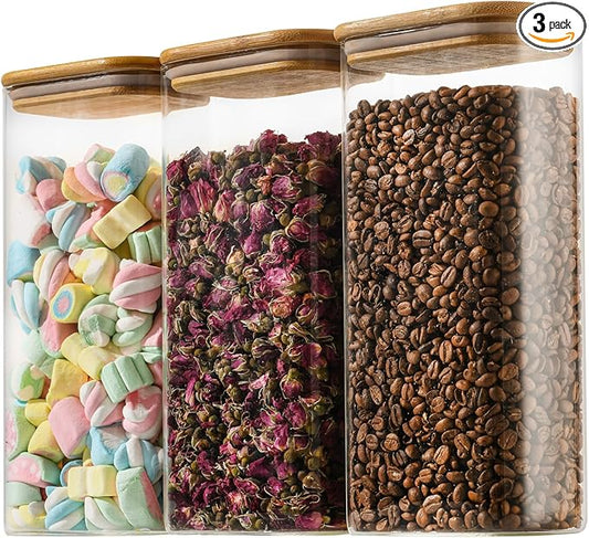 64oz Rectangle Airtight Glass Storage Containers with Bamboo Lids (Set of 3), Square Food Storage Jar, Pantry Organizers for Cereal, Flour, Pasta and Coffee beans (with Black Lable)
