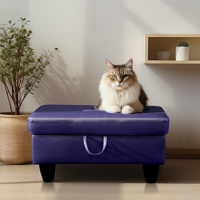 Ottoman Rectangular Storage Ottoman Bench, Faux Leather Footrest, Coffee Table, Stool Footstool with Hinged Lid for Living Room, Bedroom, Entryway, Blue, 28.5"x19"x17.5"