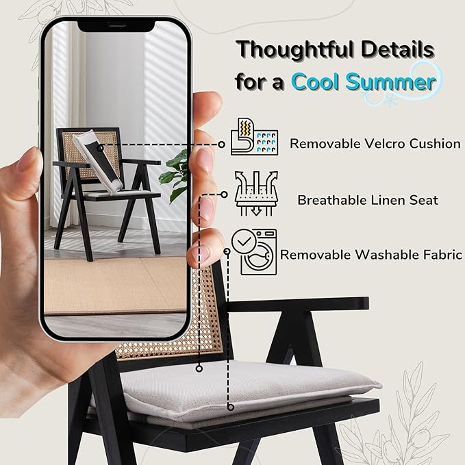 Rattan Dining Chairs Set of 4, Farmhouse Wicker Dining Chairs with Removable Linen Cushion Accent Cane Armchair for Dining Room Kitchen Restaurant, Black