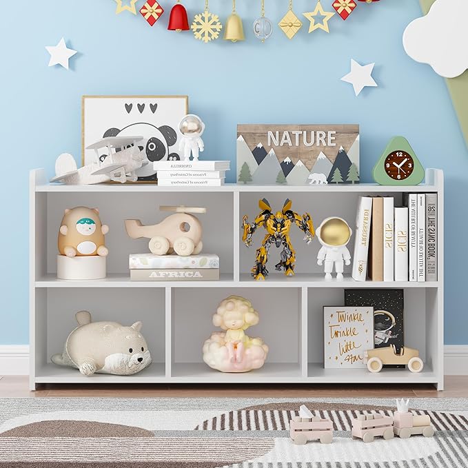 Book Shelf, 5 Cubes Storage Organizer, Open Shelf Wooden Bookcase, Freestanding White Bookshelf Cube Shelf for Bedroom, Living Room, Home Office