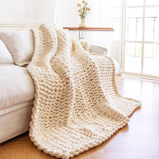 Chunky Knit Blanket - Luxury Soft Cozy Extra Large Size (80 * 90) Throw Blanket,100% Woven Blanket Rope Knot Throw Blanket for Couch, Sofa, Home Decor, Gift - Machine Washable(Cream)