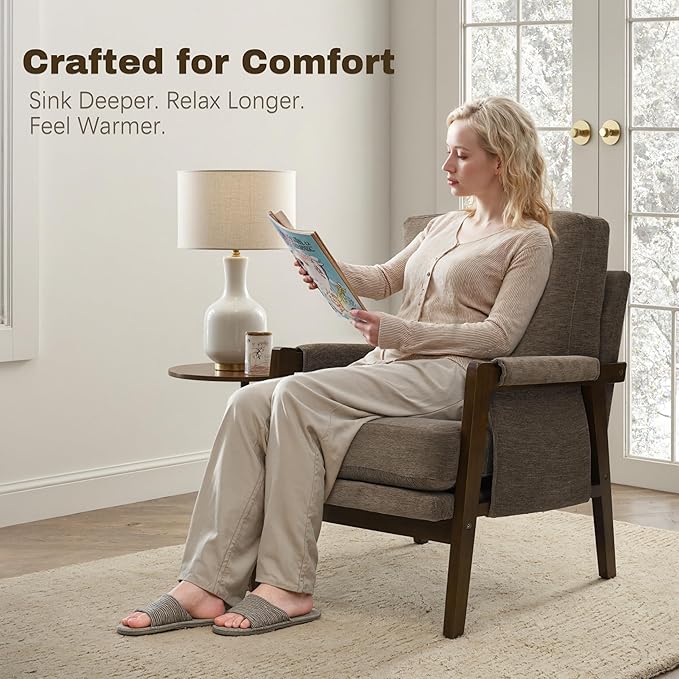 Modern Accent Chair for Living Room Mid Century Arm Chair Upholstered Bedroom Chair Comfy Lounge Chair with Solid Wood Frame, Dark Brown