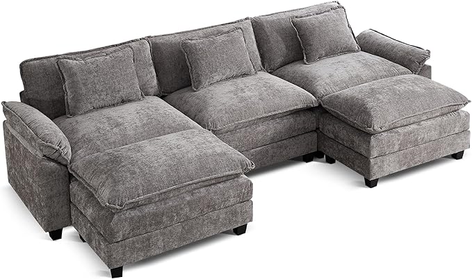 URRED Modular Sectional Sofa Comfy Cloud Couch, Modern Chenille Sofa Sleeper Deep Seat Couches with Ottoman/Pillows for Living Room (Gray, 117'' - U Shape)
