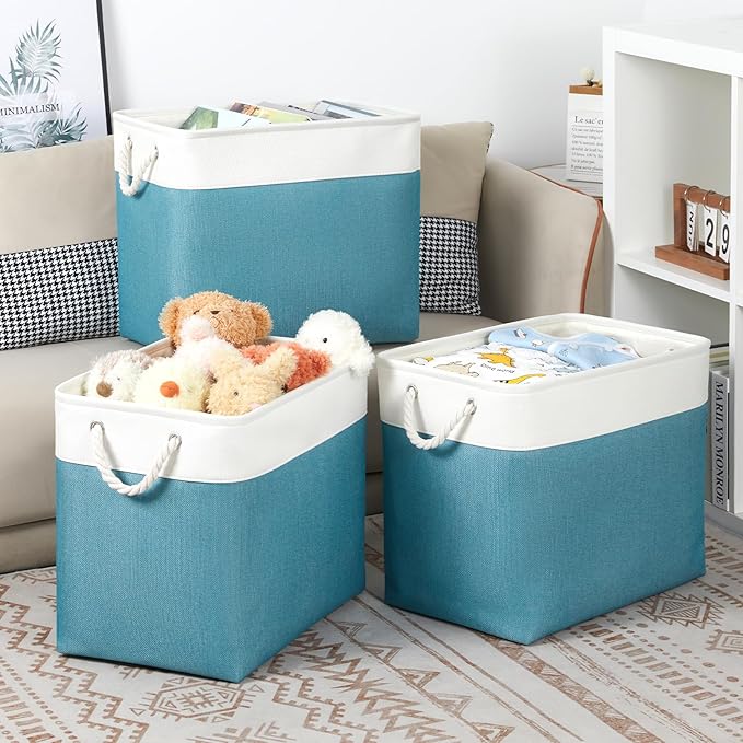 Bidtakay Extra Large Storage Baskets for Shelves 3 Pack Fabric Storage Bins for Organizing Linen Collapsible Organizer for Closet-White&Teal